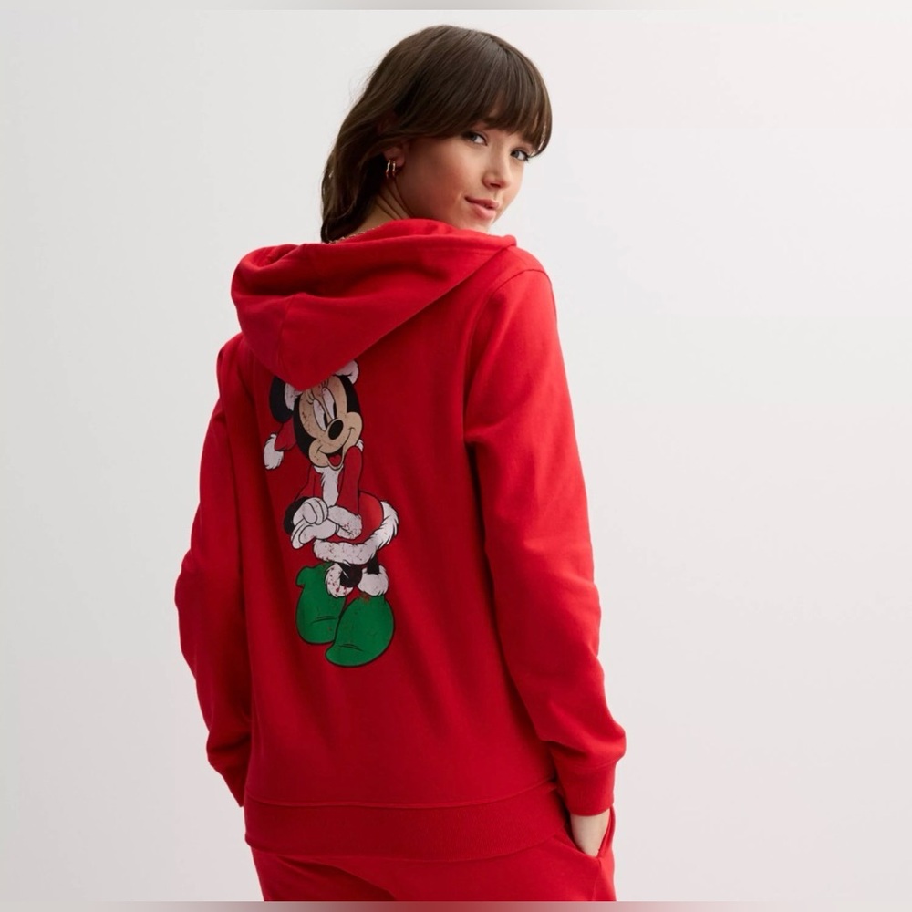 Disney red Santa’s Favorite Minnie Mouse whimsical festive full zip hoodie NWT L